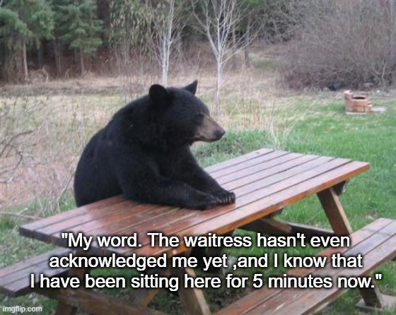 Waiting Bear | "My word. The waitress hasn't even acknowledged me yet ,and I know that I have been sitting here for 5 minutes now." | image tagged in memes,bad luck bear,restaurant,waitress | made w/ Imgflip meme maker