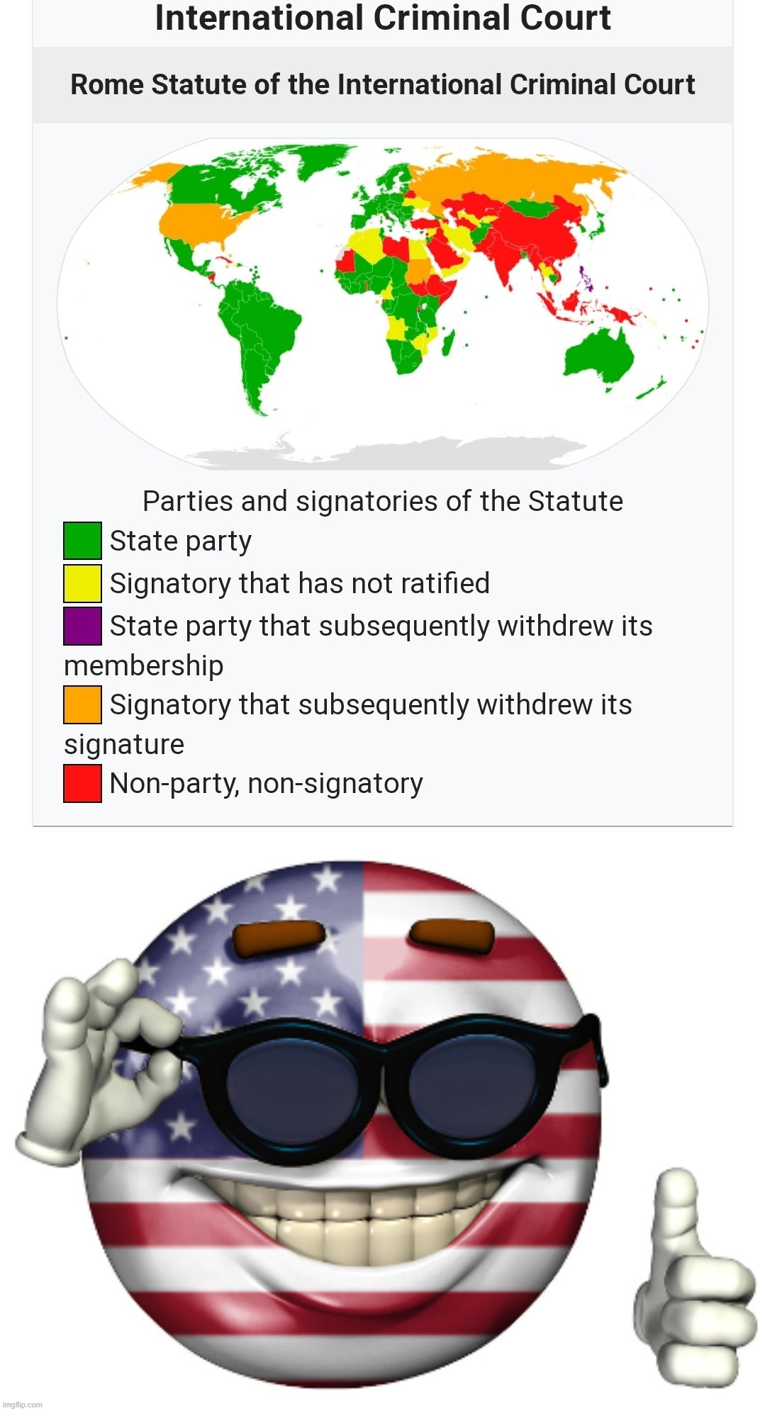 Ah yes: when America falls into the same category as *checks notes* Russia + North(?) Sudan. #common #america #l | image tagged in icc signatories,american picardia,icc,murica,'murica,international law | made w/ Imgflip meme maker