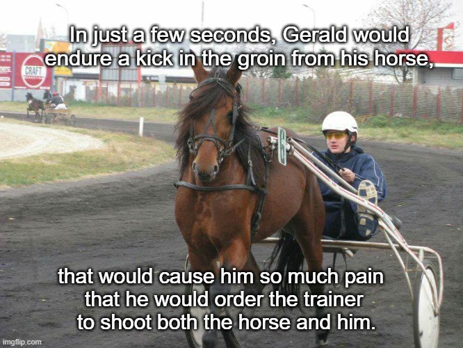 Kick In The Groin | In just a few seconds, Gerald would endure a kick in the groin from his horse, that would cause him so much pain 
that he would order the trainer
 to shoot both the horse and him. | image tagged in jokic horse racing,horse,sports,memes,funny memes,kick | made w/ Imgflip meme maker