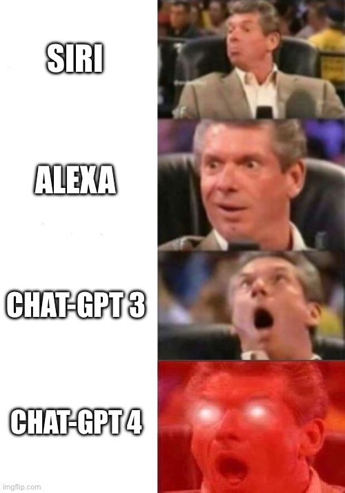 Future moron maker | SIRI; ALEXA; CHAT-GPT 3; CHAT-GPT 4 | image tagged in mr mcmahon reaction | made w/ Imgflip meme maker