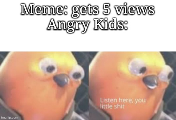 Yez | Meme: gets 5 views
Angry Kids: | image tagged in listen here you little shit bird | made w/ Imgflip meme maker