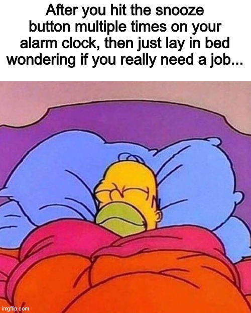 Billions of people on the planet, I'm sure someone has contemplated this | After you hit the snooze button multiple times on your alarm clock, then just lay in bed wondering if you really need a job... | image tagged in homer simpson sleeping peacefully,alarm clock,snooze button | made w/ Imgflip meme maker