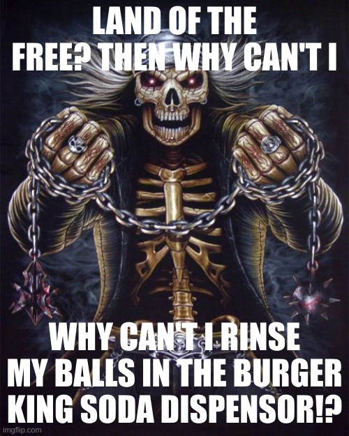 Badass Skeleton | LAND OF THE FREE? THEN WHY CAN'T I; WHY CAN'T I RINSE MY BALLS IN THE BURGER KING SODA DISPENSOR!? | image tagged in badass skeleton | made w/ Imgflip meme maker