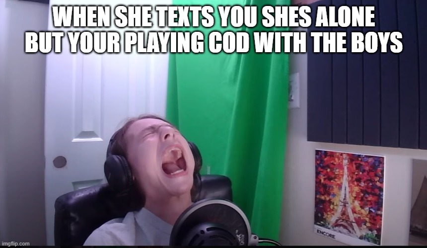 Idk | WHEN SHE TEXTS YOU SHES ALONE BUT YOUR PLAYING COD WITH THE BOYS | image tagged in funny | made w/ Imgflip meme maker