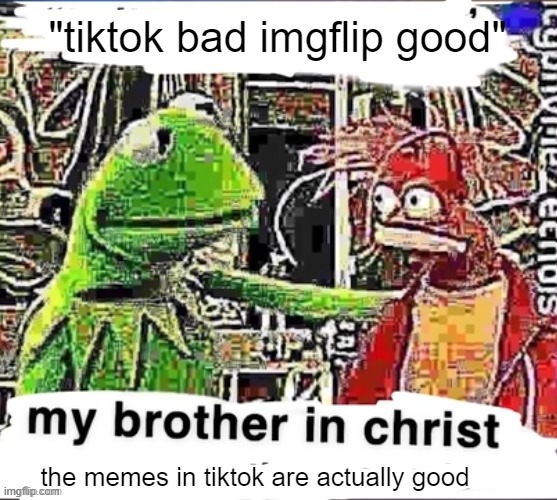 My brother in Christ | "tiktok bad imgflip good"; the memes in tiktok are actually good | image tagged in my brother in christ | made w/ Imgflip meme maker