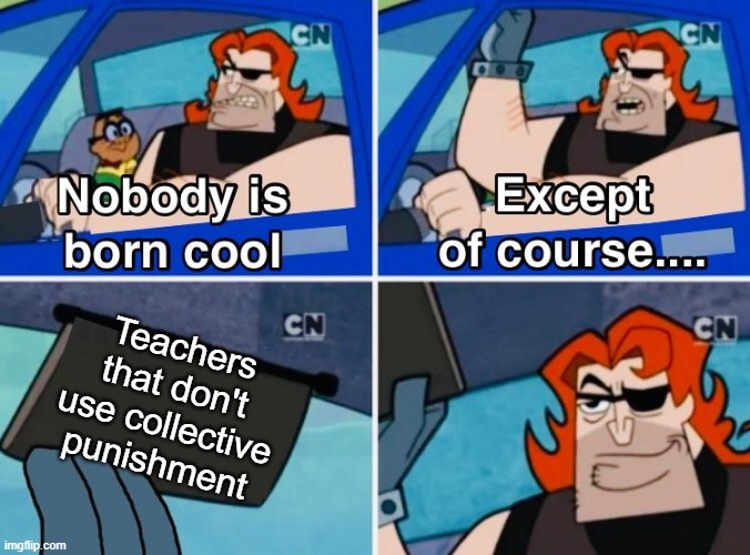 Nobody is born cool | Teachers that don't use collective punishment | image tagged in nobody is born cool | made w/ Imgflip meme maker