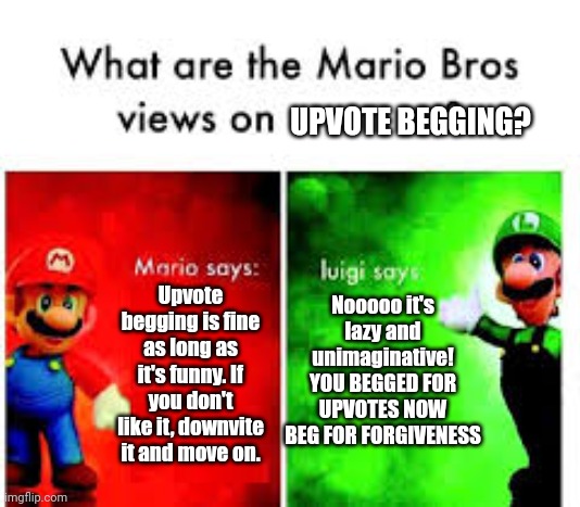 Meme #514 (I'm with Mario) | UPVOTE BEGGING? Upvote begging is fine as long as it's funny. If you don't like it, downvite it and move on. Nooooo it's lazy and unimaginative! YOU BEGGED FOR UPVOTES NOW BEG FOR FORGIVENESS | image tagged in mario brothers veiws,mario,luigi,upvote begging,conflict,memes | made w/ Imgflip meme maker