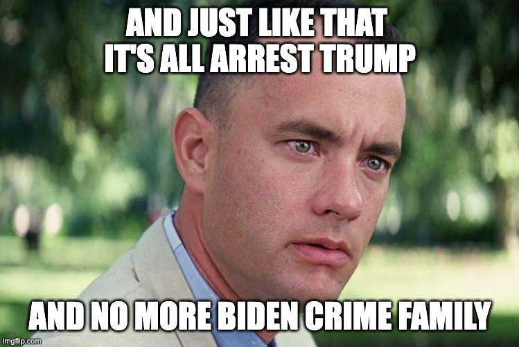 And Just Like That Meme | AND JUST LIKE THAT 
IT'S ALL ARREST TRUMP; AND NO MORE BIDEN CRIME FAMILY | image tagged in memes,and just like that | made w/ Imgflip meme maker