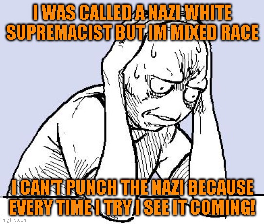 sneak attacks aren't working.  tried jumping on me from behind but that was a disaster! | I WAS CALLED A NAZI WHITE SUPREMACIST BUT IM MIXED RACE; I CAN'T PUNCH THE NAZI BECAUSE EVERY TIME I TRY I SEE IT COMING! | image tagged in stressed meme | made w/ Imgflip meme maker