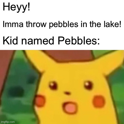 Next time, don’t mess with me… | Heyy! Imma throw pebbles in the lake! Kid named Pebbles: | image tagged in memes,surprised pikachu | made w/ Imgflip meme maker