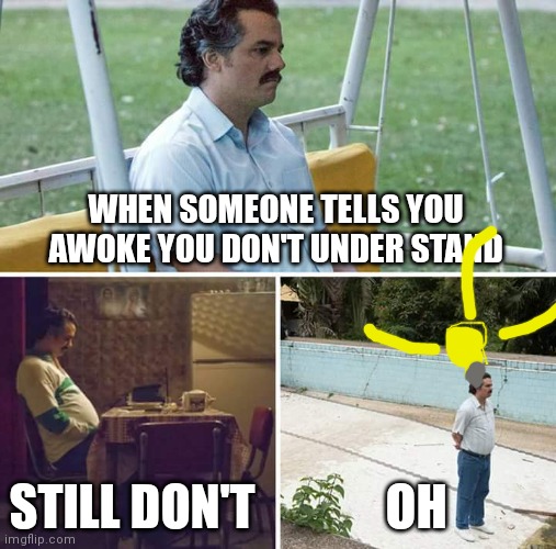 Jokes am I right | WHEN SOMEONE TELLS YOU AWOKE YOU DON'T UNDER STAND; STILL DON'T; OH | image tagged in memes,sad pablo escobar,jokes,bad joke | made w/ Imgflip meme maker