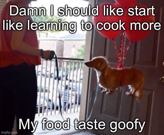 walkin me dog fr | Damn I should like start like learning to cook more; My food taste goofy | image tagged in walkin me dog fr | made w/ Imgflip meme maker