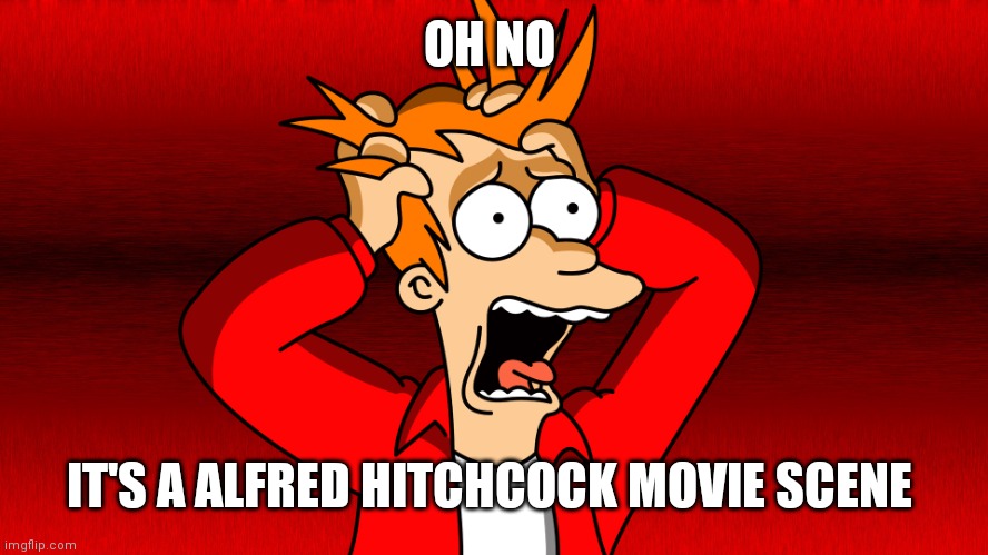 Fry Panic | OH NO IT'S A ALFRED HITCHCOCK MOVIE SCENE | image tagged in fry panic | made w/ Imgflip meme maker