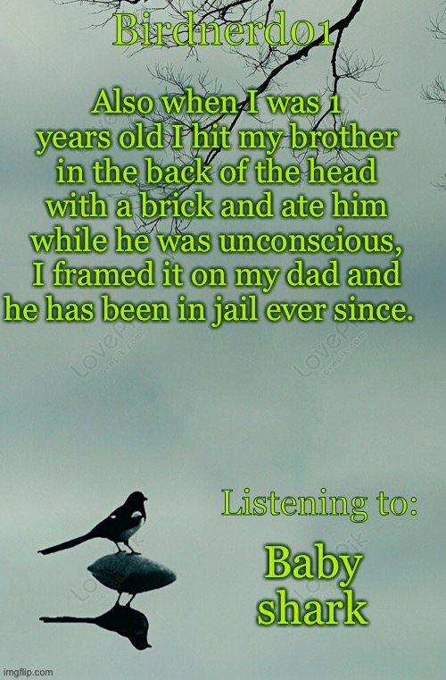 Real | Also when I was 1 years old I hit my brother in the back of the head with a brick and ate him while he was unconscious, I framed it on my dad and he has been in jail ever since. Baby shark | image tagged in birdnerd01 announcement template | made w/ Imgflip meme maker