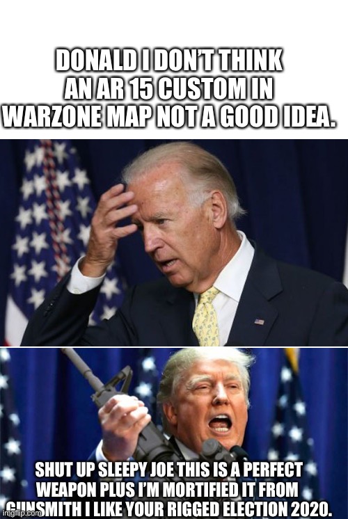 Call of duty war zone nutshell | DONALD I DON’T THINK AN AR 15 CUSTOM IN WARZONE MAP NOT A GOOD IDEA. SHUT UP SLEEPY JOE THIS IS A PERFECT WEAPON PLUS I’M MORTIFIED IT FROM  GUNSMITH I LIKE YOUR RIGGED ELECTION 2020. | image tagged in the ar15 chad trump | made w/ Imgflip meme maker