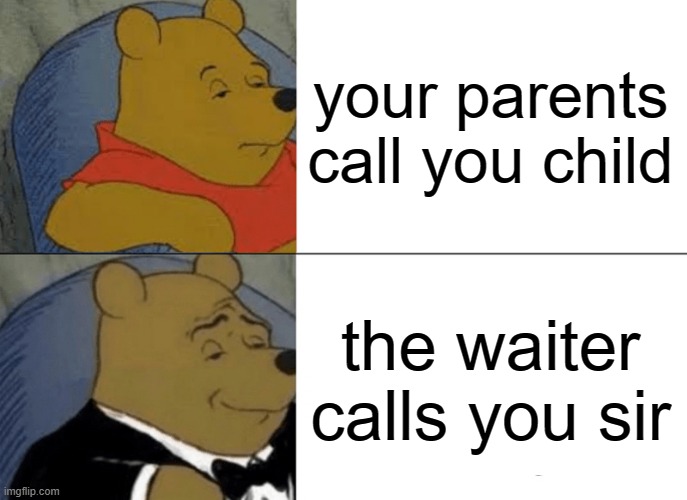 Tuxedo Winnie The Pooh | your parents call you child; the waiter calls you sir | image tagged in memes,tuxedo winnie the pooh | made w/ Imgflip meme maker