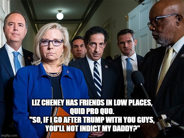 J6 Committee | LIZ CHENEY HAS FRIENDS IN LOW PLACES,
QUID PRO QUO.
"SO, IF I GO AFTER TRUMP WITH YOU GUYS,
 YOU'LL NOT INDICT MY DADDY?" | image tagged in j6 committee | made w/ Imgflip meme maker