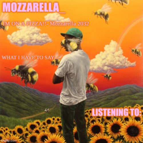 new temp i guess | MOZZARELLA_; IM ON A PIZZA!!- Mozzarella 2032; WHAT I HAVE TO SAY:; LISTENING TO: | image tagged in flower boy | made w/ Imgflip meme maker