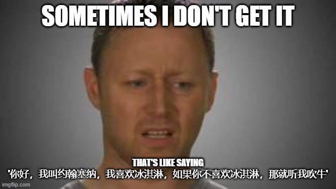 I don't get it | SOMETIMES I DON'T GET IT THAT'S LIKE SAYING '你好，我叫约翰塞纳，我喜欢冰淇淋，如果你不喜欢冰淇淋，那就听我吹牛' | image tagged in i don't get it | made w/ Imgflip meme maker