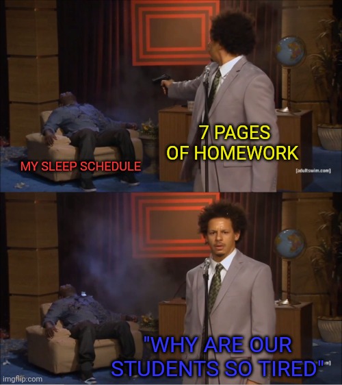 Too True | 7 PAGES OF HOMEWORK; MY SLEEP SCHEDULE; "WHY ARE OUR STUDENTS SO TIRED" | image tagged in memes,who killed hannibal | made w/ Imgflip meme maker
