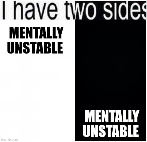i have two sides | MENTALLY UNSTABLE; MENTALLY UNSTABLE | image tagged in i have two sides | made w/ Imgflip meme maker