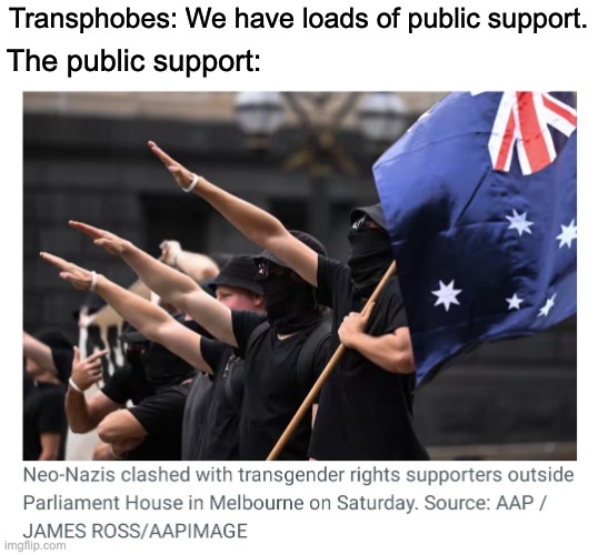 If you're at a rally, and you don't exclude the nazis who are you supporting your message, you are at a nazi rally. | Transphobes: We have loads of public support. The public support: | image tagged in transgender,lgbtq,nazi,fascist | made w/ Imgflip meme maker