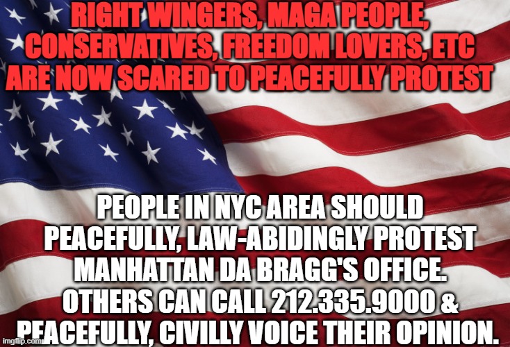 US Flag | RIGHT WINGERS, MAGA PEOPLE, CONSERVATIVES, FREEDOM LOVERS, ETC ARE NOW SCARED TO PEACEFULLY PROTEST; PEOPLE IN NYC AREA SHOULD PEACEFULLY, LAW-ABIDINGLY PROTEST MANHATTAN DA BRAGG'S OFFICE. OTHERS CAN CALL 212.335.9000 & PEACEFULLY, CIVILLY VOICE THEIR OPINION. | image tagged in us flag | made w/ Imgflip meme maker