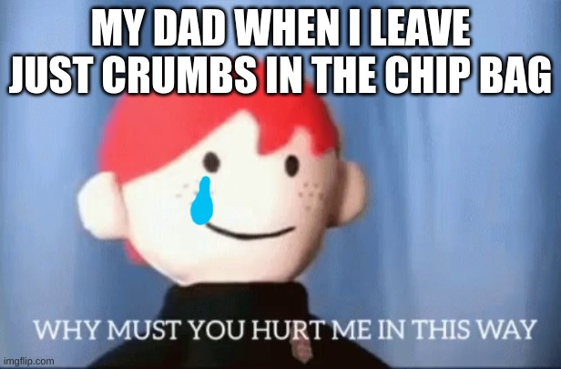 He gets depressed. | MY DAD WHEN I LEAVE JUST CRUMBS IN THE CHIP BAG | image tagged in why must you hurt me in this way,funny,relateable,memes | made w/ Imgflip meme maker