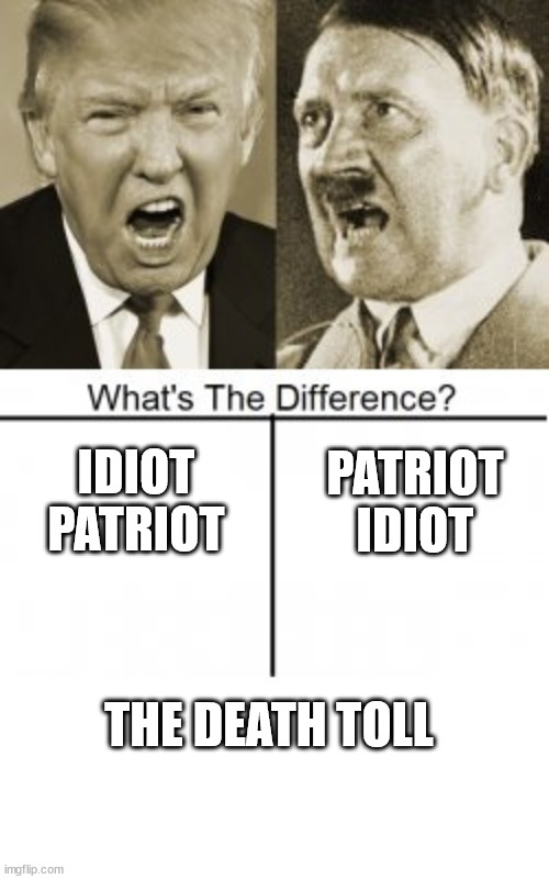 Idiot vs Patriot | PATRIOT
IDIOT; IDIOT
PATRIOT; THE DEATH TOLL | image tagged in trump,hitler,idiot,patriot,politics,leaders | made w/ Imgflip meme maker
