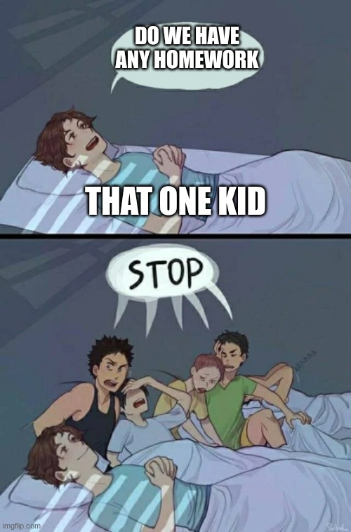 WHY MUST THEY ALWAYS ASK | DO WE HAVE ANY HOMEWORK; THAT ONE KID | image tagged in sleepover stop | made w/ Imgflip meme maker