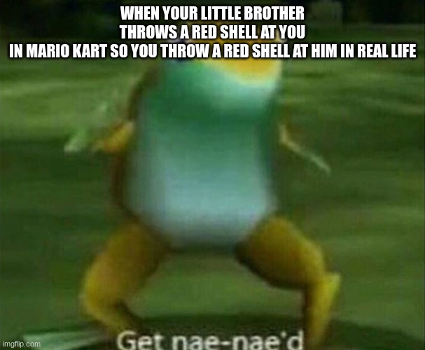 Get nae-nae'd | WHEN YOUR LITTLE BROTHER THROWS A RED SHELL AT YOU IN MARIO KART SO YOU THROW A RED SHELL AT HIM IN REAL LIFE | image tagged in get nae-nae'd | made w/ Imgflip meme maker
