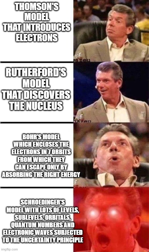 Rise of the atomic models | THOMSON'S MODEL THAT INTRODUCES ELECTRONS; RUTHERFORD'S MODEL THAT DISCOVERS THE NUCLEUS; BOHR'S MODEL WHICH ENCLOSES THE ELECTRONS IN 7 ORBITS FROM WHICH THEY CAN ESCAPE ONLY BY ABSORBING THE RIGHT ENERGY; SCHROEDINGER'S MODEL WITH LOTS OF LEVELS, SUBLEVELS, ORBITALS, QUANTUM NUMBERS AND ELECTRONIC WAVES SUBJECTED TO THE UNCERTAINTY PRINCIPLE | image tagged in orgasming judge 4 rows,chemistry,atoms | made w/ Imgflip meme maker