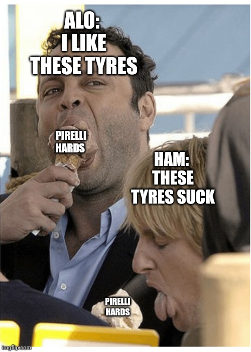 Owen Wilson eating ice cream | ALO: 
I LIKE THESE TYRES; HAM: 
THESE TYRES SUCK; PIRELLI HARDS; PIRELLI HARDS | image tagged in owen wilson eating ice cream | made w/ Imgflip meme maker