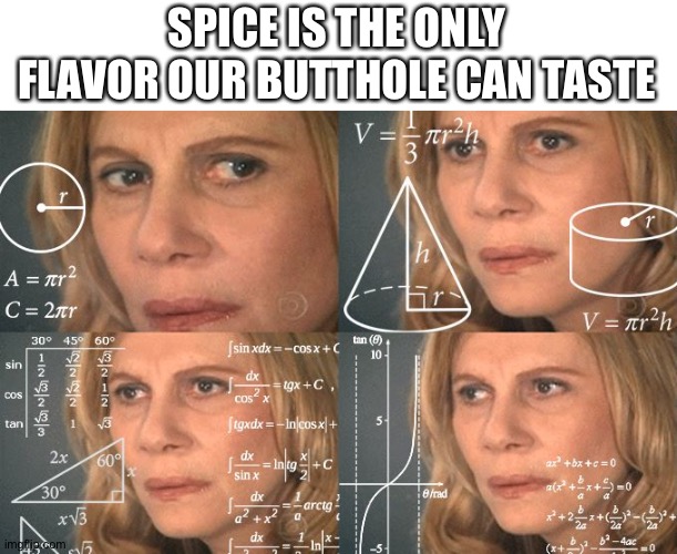 Calculating meme | SPICE IS THE ONLY FLAVOR OUR BUTTHOLE CAN TASTE | image tagged in calculating meme | made w/ Imgflip meme maker