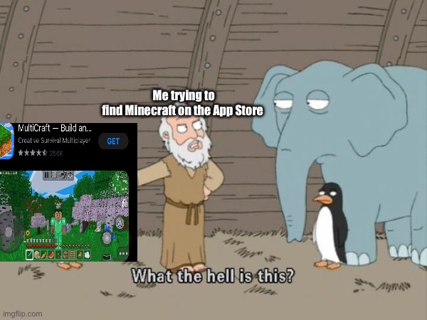 Literally what happens | Me trying to find Minecraft on the App Store | image tagged in what the hell is this,memes,funny memes,funny,so true memes,true | made w/ Imgflip meme maker