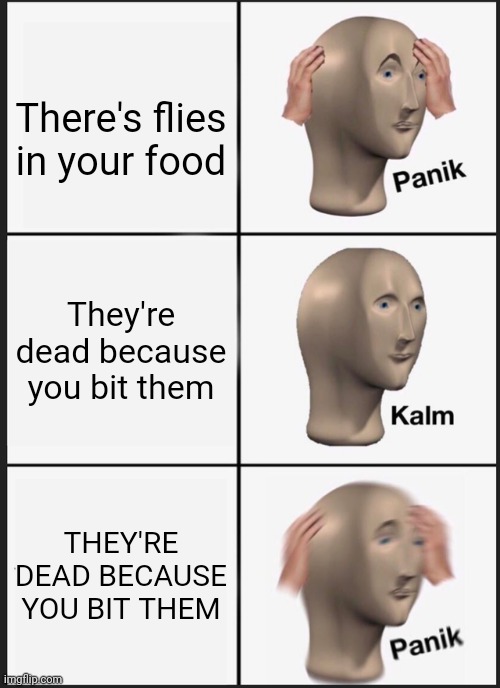 Panik Kalm Panik | There's flies in your food; They're dead because you bit them; THEY'RE DEAD BECAUSE YOU BIT THEM | image tagged in memes,panik kalm panik | made w/ Imgflip meme maker