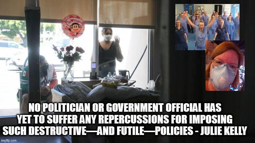 NO POLITICIAN OR GOVERNMENT OFFICIAL HAS YET TO SUFFER ANY REPERCUSSIONS FOR IMPOSING SUCH DESTRUCTIVE—AND FUTILE—POLICIES - JULIE KELLY | made w/ Imgflip meme maker