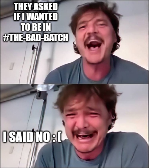 bad-batch pascal | THEY ASKED IF I WANTED TO BE IN #THE-BAD-BATCH; I SAID NO : ( | image tagged in pedro pascal | made w/ Imgflip meme maker