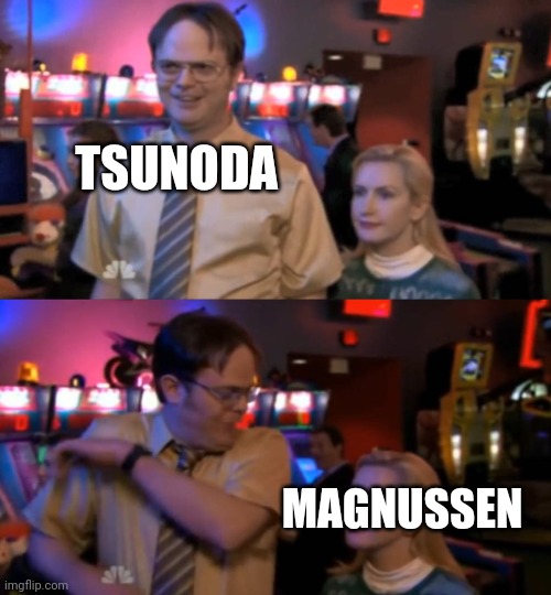 Tsunoda racing Magnussen | TSUNODA; MAGNUSSEN | image tagged in f1 | made w/ Imgflip meme maker