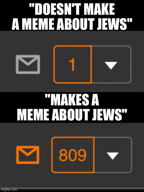 1 notification vs. 809 notifications with message | "DOESN'T MAKE A MEME ABOUT JEWS"; "MAKES A MEME ABOUT JEWS" | image tagged in 1 notification vs 809 notifications with message | made w/ Imgflip meme maker
