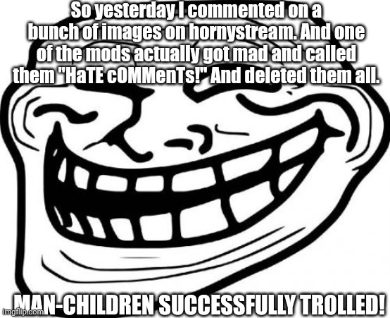 FUNNY | So yesterday I commented on a bunch of images on hornystream. And one of the mods actually got mad and called them "HaTE cOMMenTs!" And deleted them all. MAN-CHILDREN SUCCESSFULLY TROLLED! | image tagged in troll face,troll,horny,stupid people,moderators | made w/ Imgflip meme maker