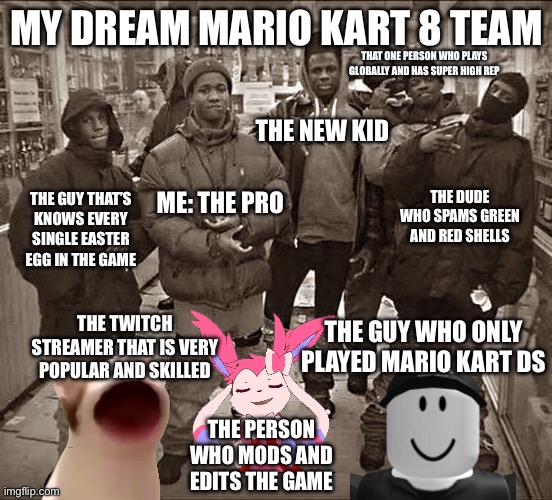 All My Homies Hate |  MY DREAM MARIO KART 8 TEAM; THAT ONE PERSON WHO PLAYS GLOBALLY AND HAS SUPER HIGH REP; THE NEW KID; ME: THE PRO; THE DUDE WHO SPAMS GREEN AND RED SHELLS; THE GUY THAT’S KNOWS EVERY SINGLE EASTER EGG IN THE GAME; THE GUY WHO ONLY PLAYED MARIO KART DS; THE TWITCH STREAMER THAT IS VERY POPULAR AND SKILLED; THE PERSON WHO MODS AND EDITS THE GAME | image tagged in all my homies hate | made w/ Imgflip meme maker