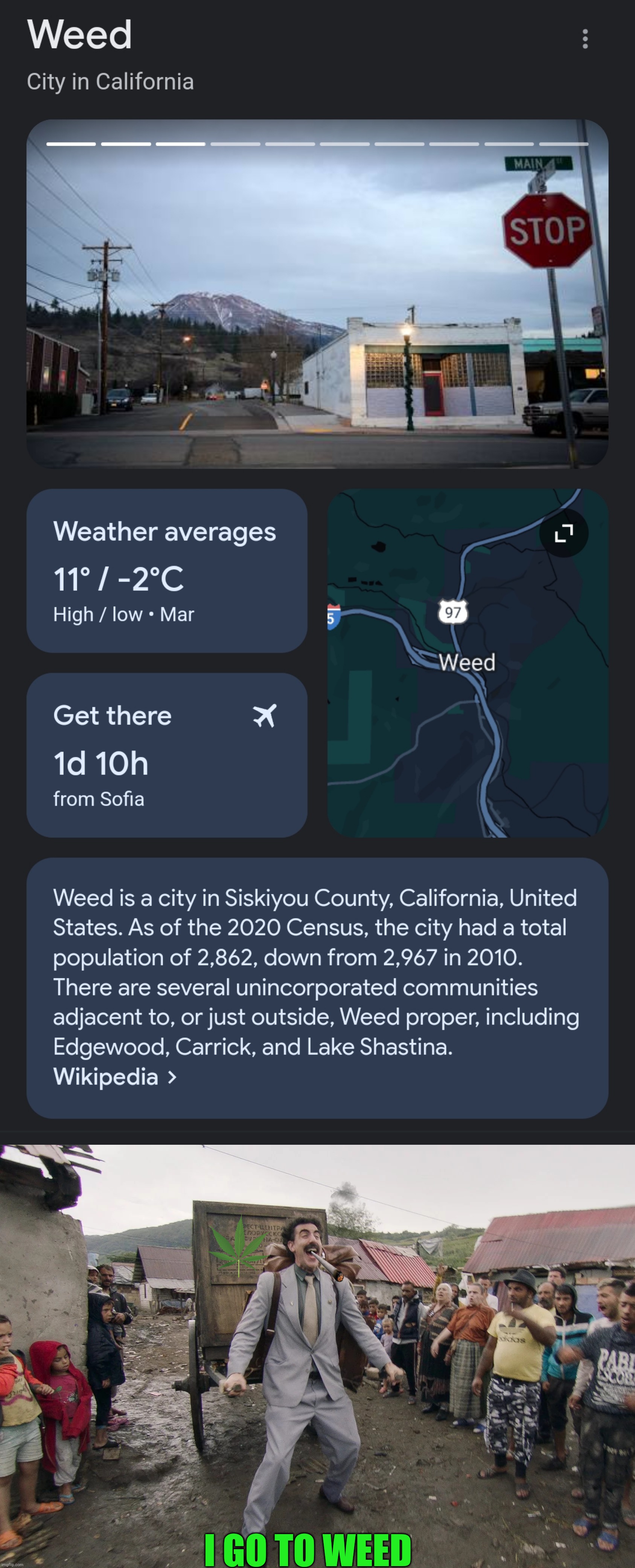 A city that smokes weed | I GO TO WEED | image tagged in borat i go to america,weed,smoke weed everyday,smoke weed,smoking weed,weed man | made w/ Imgflip meme maker