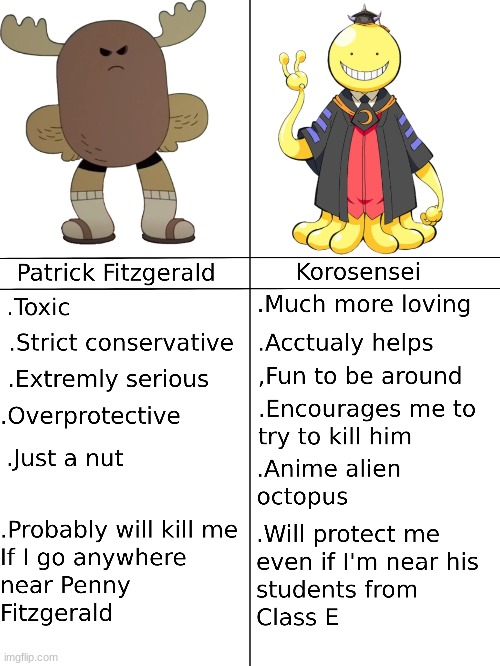 I would rather have Korosensei as my dad than Patrick | image tagged in assassination classroom,the amazing world of gumball,tawog,korosensei,anime,cartoon | made w/ Imgflip meme maker