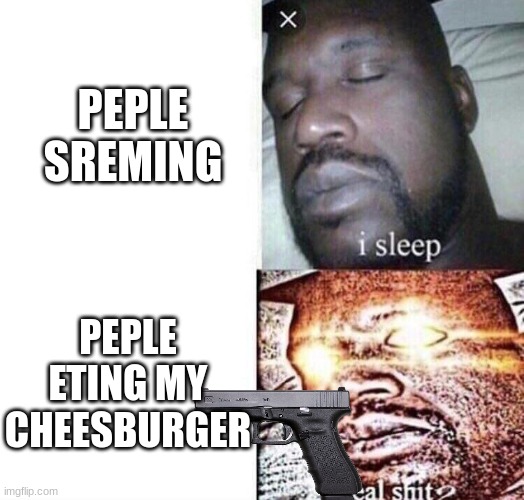 Noooooooooooooooooooo | PEPLE SREMING; PEPLE ETING MY CHEESBURGER | image tagged in i sleep real shit | made w/ Imgflip meme maker
