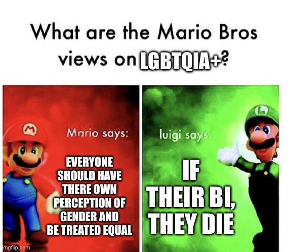 Mario Bros Views | LGBTQIA+; EVERYONE SHOULD HAVE THERE OWN PERCEPTION OF GENDER AND BE TREATED EQUAL; IF THEIR BI, THEY DIE | image tagged in mario bros views | made w/ Imgflip meme maker