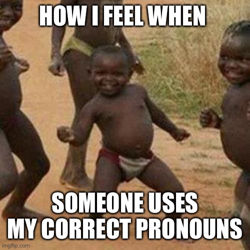 Third World Success Kid | HOW I FEEL WHEN; SOMEONE USES MY CORRECT PRONOUNS | image tagged in memes,third world success kid | made w/ Imgflip meme maker