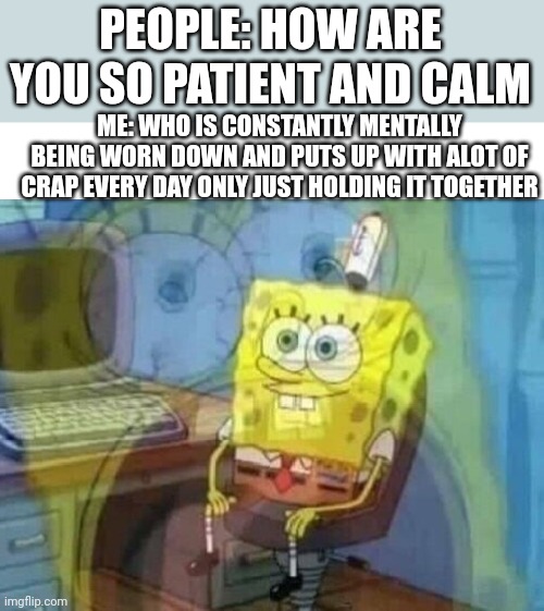 Help me | PEOPLE: HOW ARE YOU SO PATIENT AND CALM; ME: WHO IS CONSTANTLY MENTALLY BEING WORN DOWN AND PUTS UP WITH ALOT OF CRAP EVERY DAY ONLY JUST HOLDING IT TOGETHER | image tagged in internal screaming | made w/ Imgflip meme maker