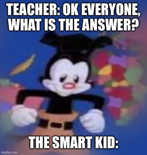 YAKKO | TEACHER: OK EVERYONE, WHAT IS THE ANSWER? THE SMART KID: | image tagged in yakko | made w/ Imgflip meme maker
