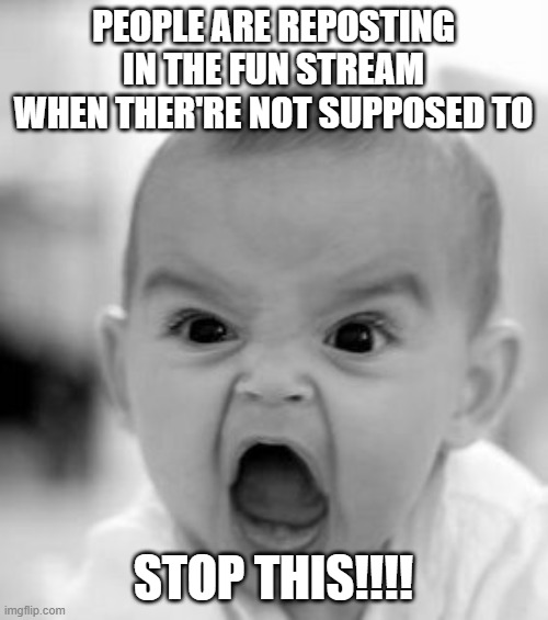 Angry Baby Meme | PEOPLE ARE REPOSTING IN THE FUN STREAM WHEN THER'RE NOT SUPPOSED TO STOP THIS!!!! | image tagged in memes,angry baby | made w/ Imgflip meme maker